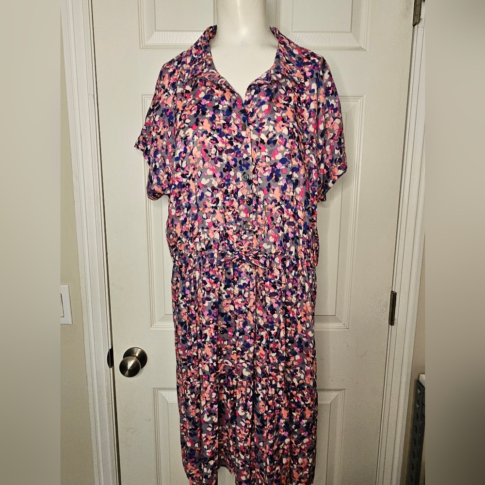 Beach Lunch Lounge Women's Short Sleeved Elastic Waist Floral Dress Size Large